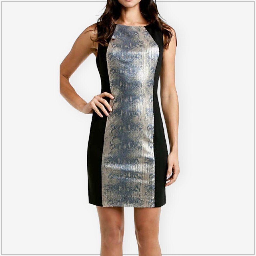 Muse Black Snake Pattern Sequin Panel Front Stretch Sheath Dress NWT NEW Size 8